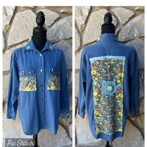 Vintage On The Verge‎ Denim Shirt S/M Floral Lace Applique Silver Stud Accents